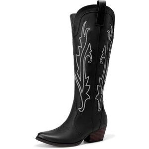 Womens Faux Leather Black Embroidered Side Zipper Chunky Heel Retro Tall Boot